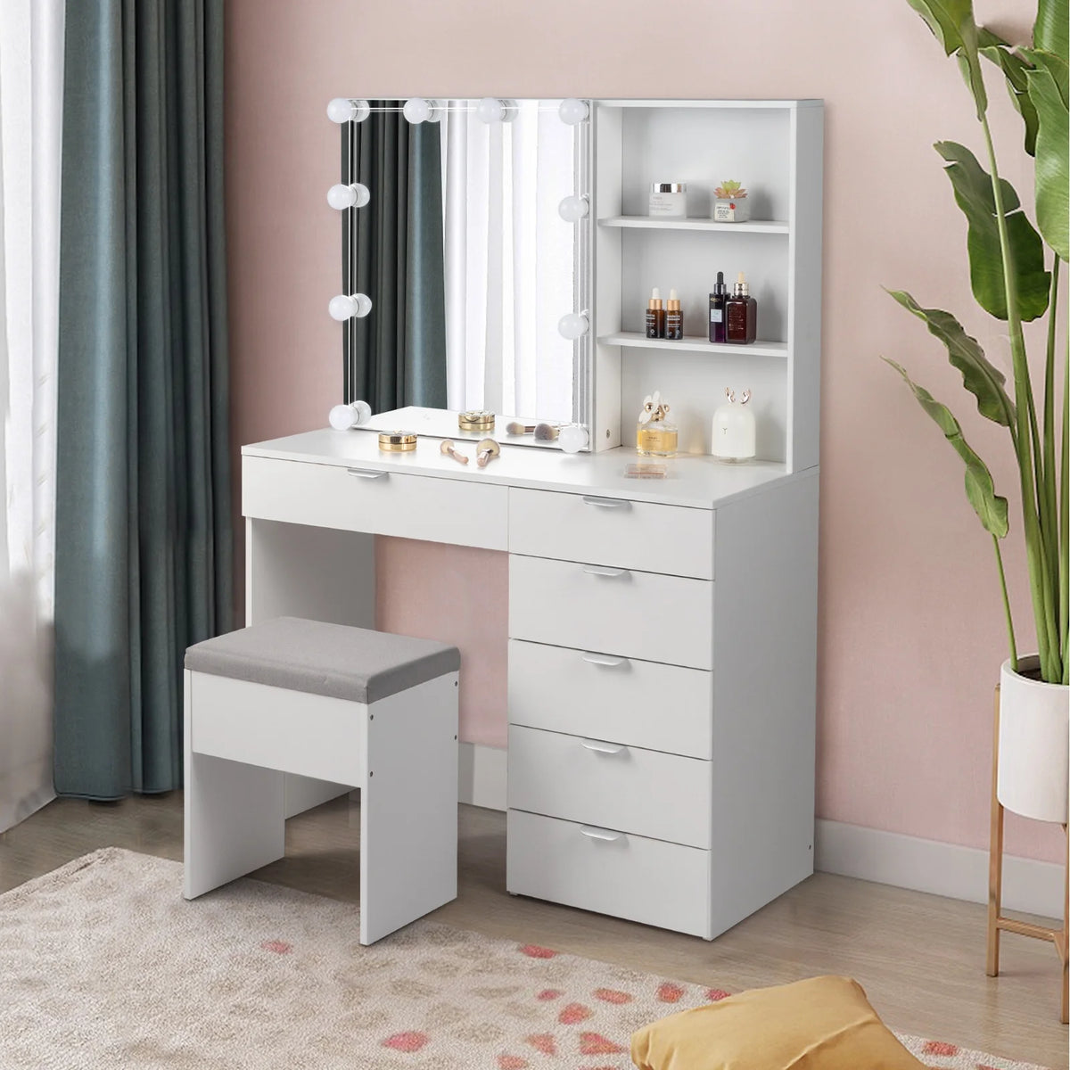 Ktaxon Vanity Set with 3 Color Lighted Mirror, Makeup Table with 6 Drawers, Dressing Table Makeup Desk with Stool, White