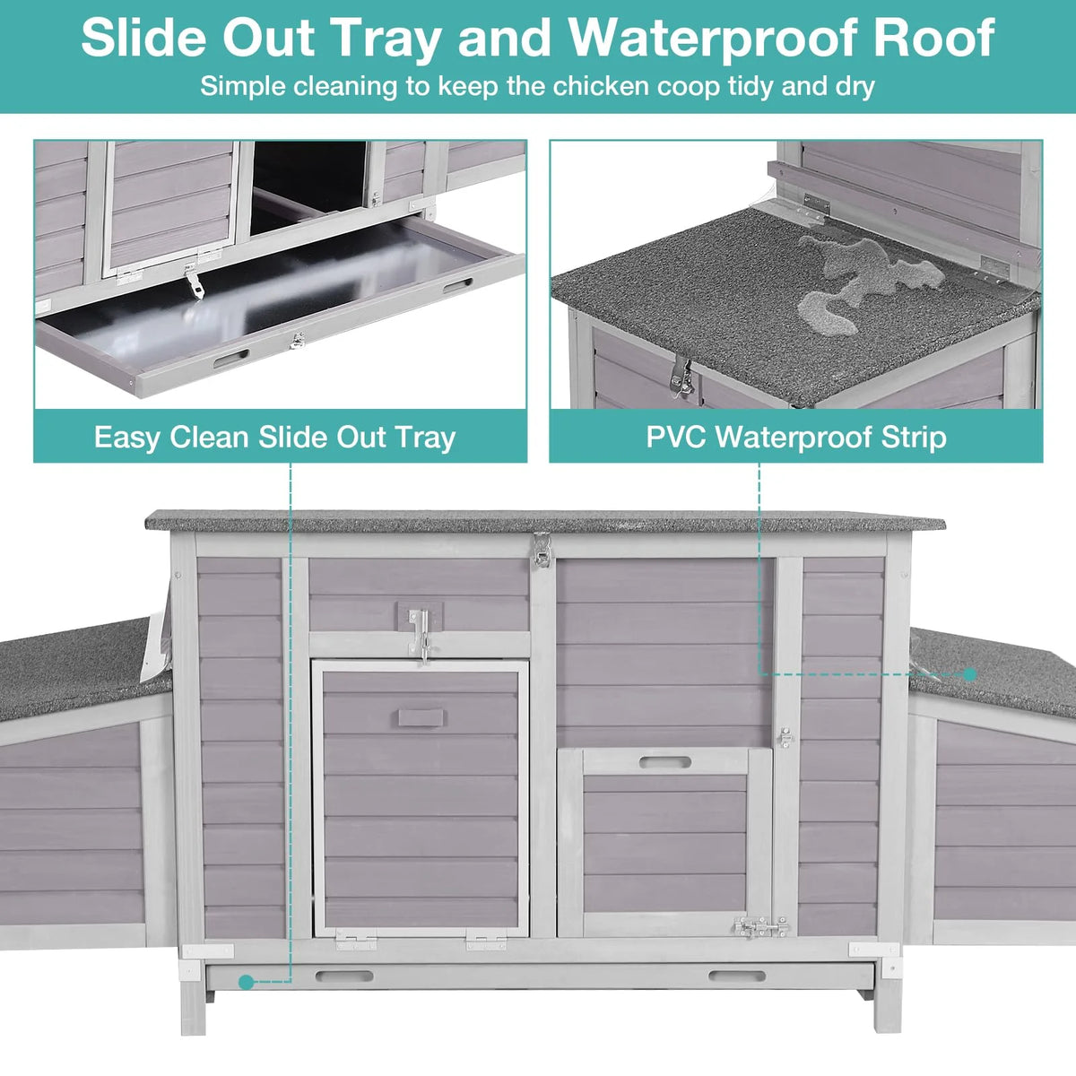 BUTINGLALE Chicken Coop, Outdoor Hen House Poultry Cage with Nesting Box, Leakproof Pull Out Tray and UV-Resistant Roof (67"