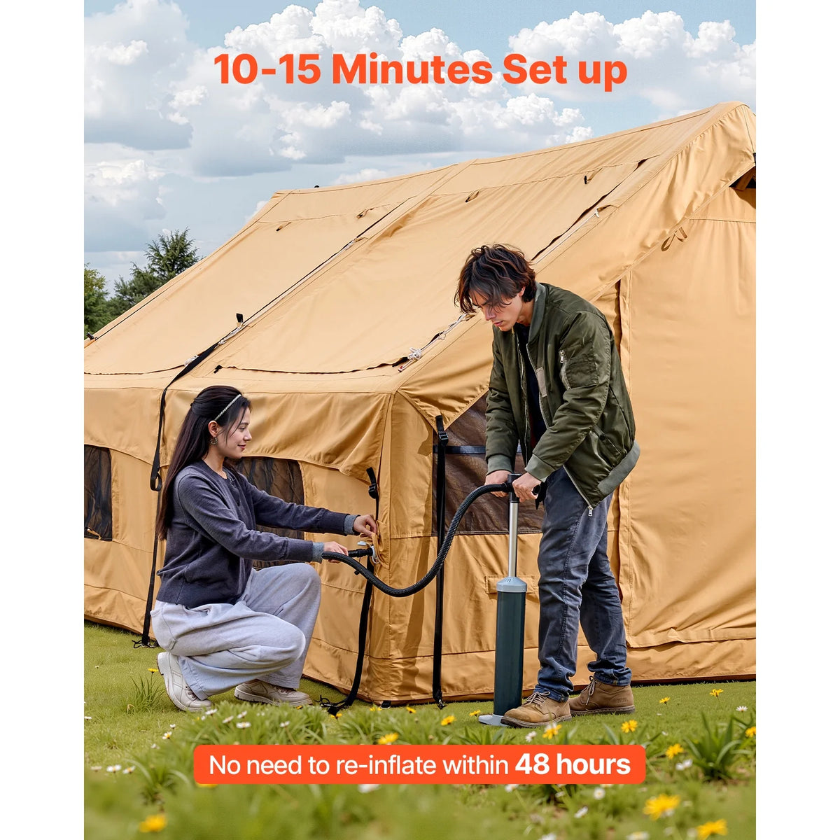 KFFKFF Inflatable Camping Tent for 8-12 Person, 15.75 x 11.81 x 7.22 Ft Glamping Blow up Tent with Hand Pump, Waterproof Air