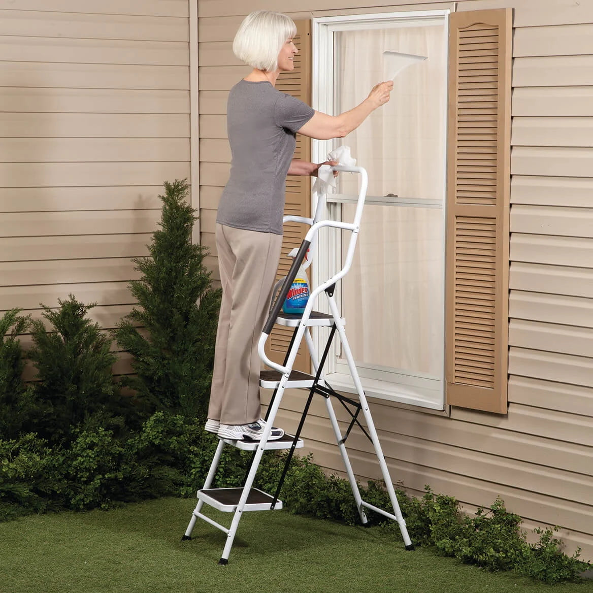 LivingSURE Folding 4-Step Safety Ladder - Heavy Duty Steel, Anti-Slip Treads, Padded Handrails - Space Saving Design - Perfec