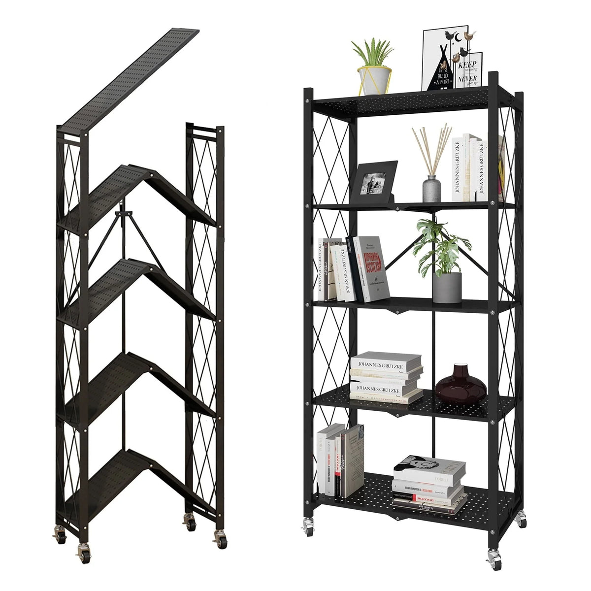 Foldable 28.35''W x 14.96''D x 63.19''L Storage Shelving Unit,Heavy Duty Metal Shelf,Foldable Shelf with Wheels,Garage Shelf