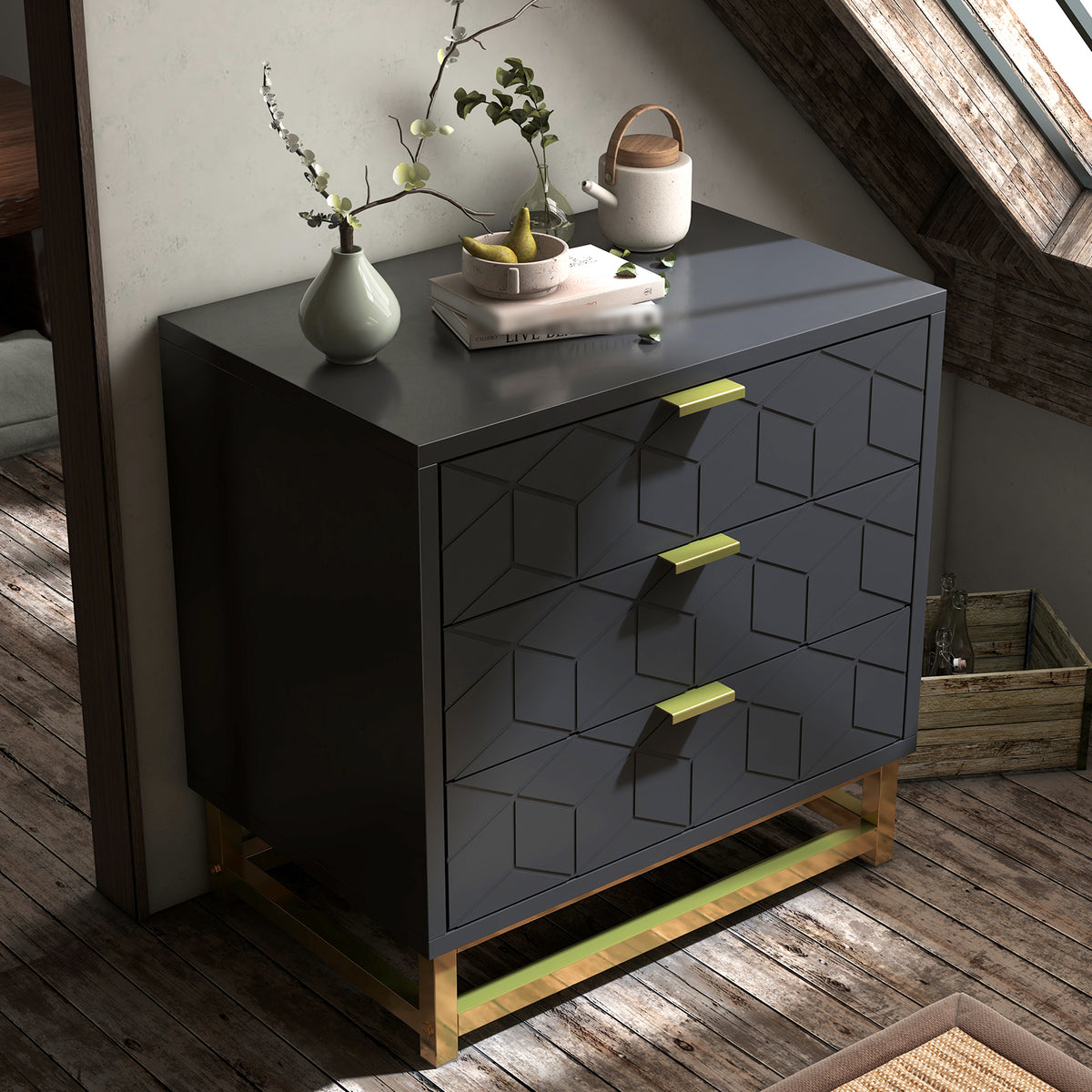 3 Drawer Dresser for Bedroom, Modern Chest of Drawers with 3 Drawers, Tall Nightstand with Metal Base and Metal Handles, Stor