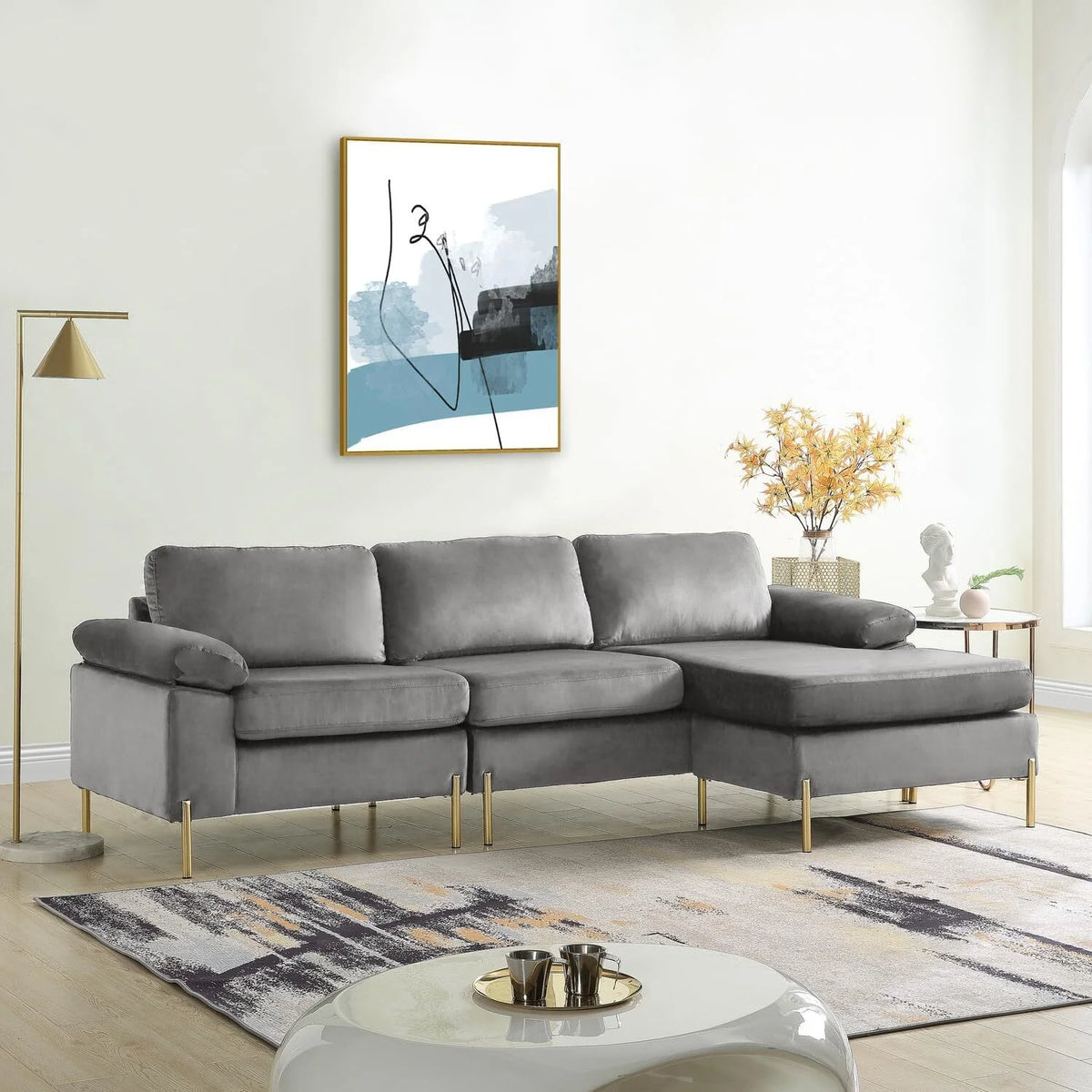HomeStock Luxe Modern Velvet L-Shape Sectional Sofa with Square Padded Armrests, Solid Pattern Upholstery - 51.6"D x 101.2"W