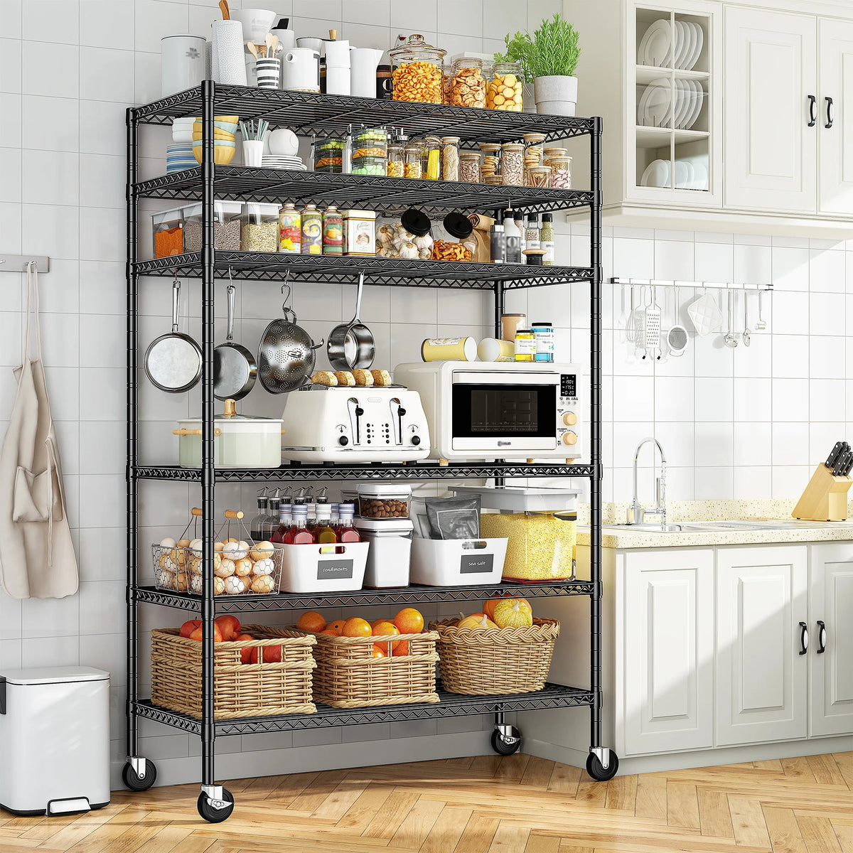 REIBII 6-Tier Wire Shelving Unit with Wheels, 82"H x 45"W x 18"D, 1200LBS Capacity,Adjustable Metal Storage Shelves for Garag
