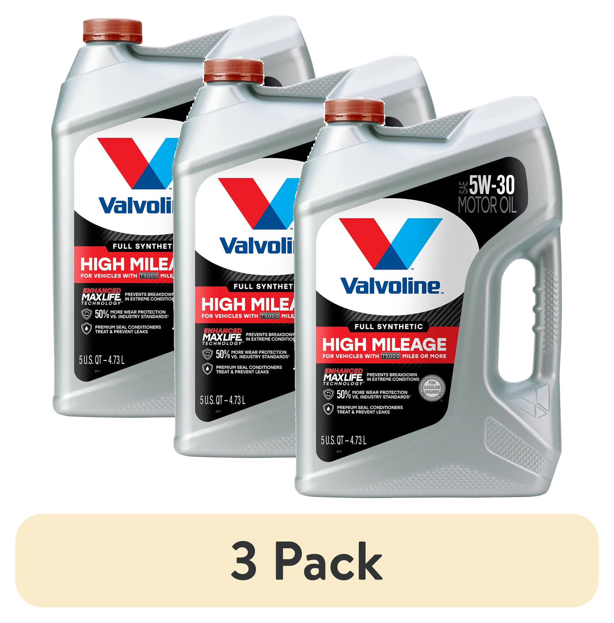 3 pack) Valvoline Full Synthetic High Mileage with MaxLife Technologyl 5W-30 Motor Oil 5 QT