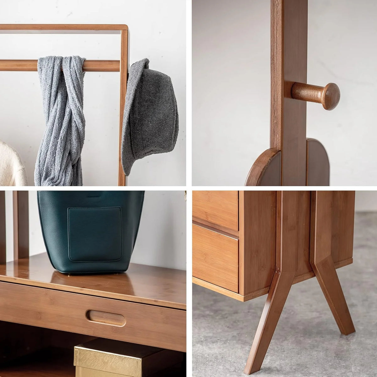 WILK Freestanding Wooden Coat Rack, Bamboo Wood Coat Rack with Seat, Storage Drawer and Hooks, Tree Freestanding for Hanging