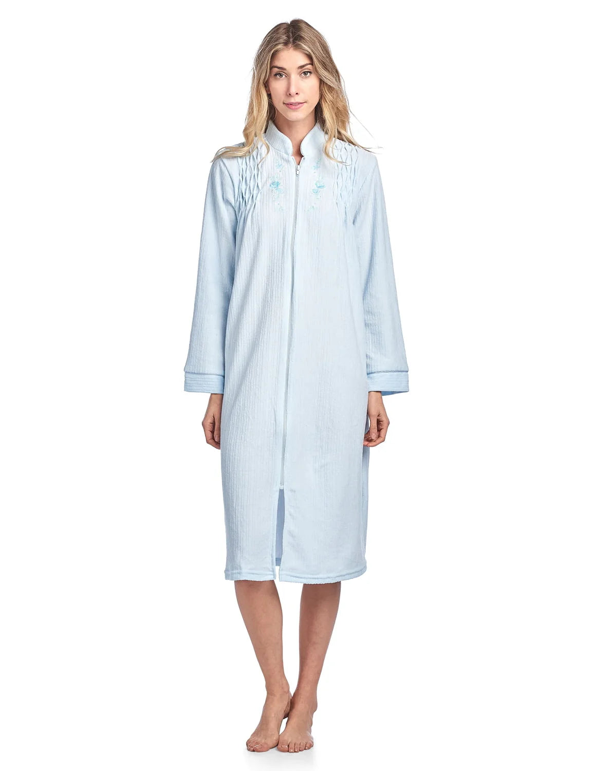 Casual Nights Women's Zipper Front Jacquard Terry Fleece Robe Duster - Blue - X-Large
