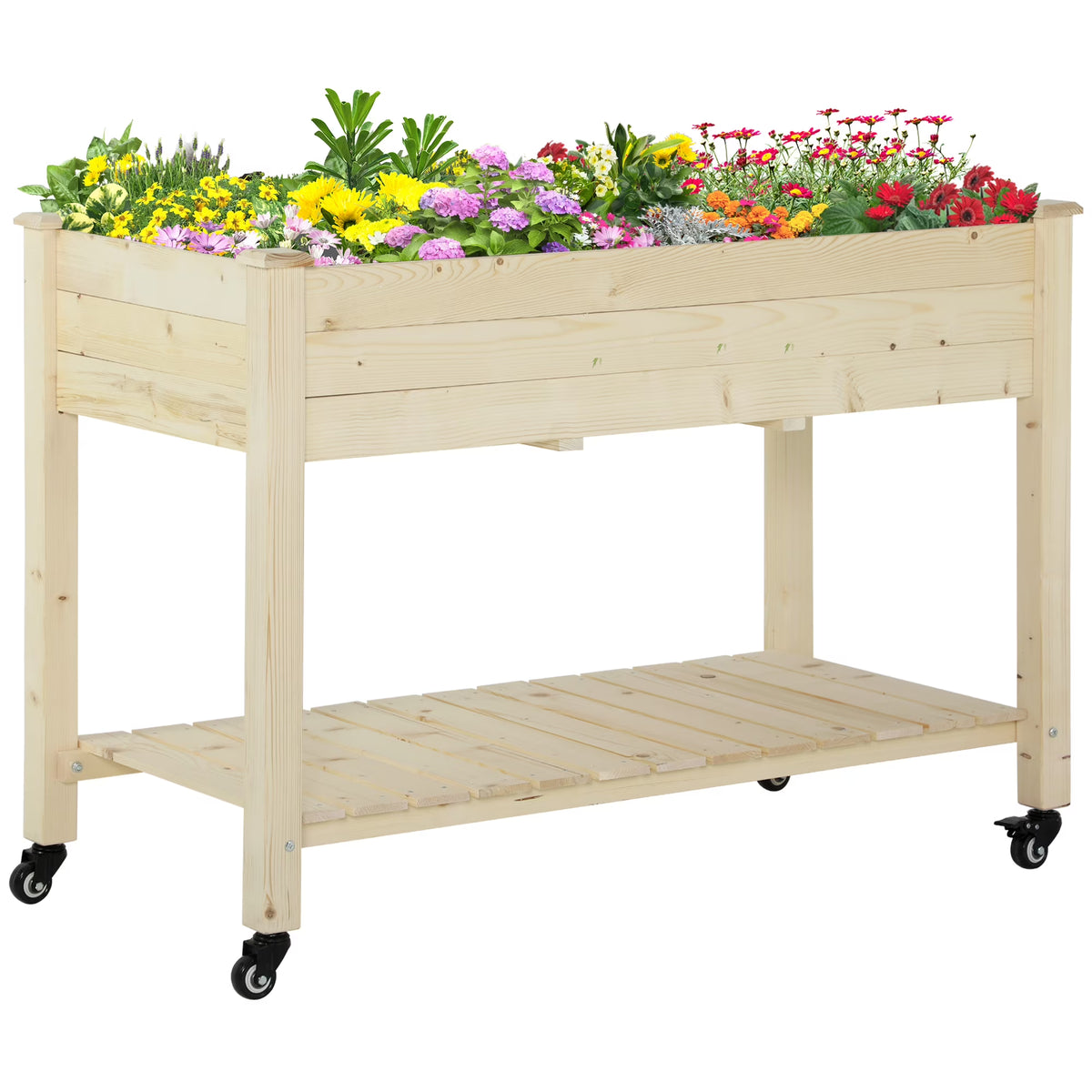 DUOSONG Outsunny Raised Garden Bed, 47" X 22" X 33", Elevated Wooden Planter Box W/ Lockable Wheels, Storage Shelf, And Bed L