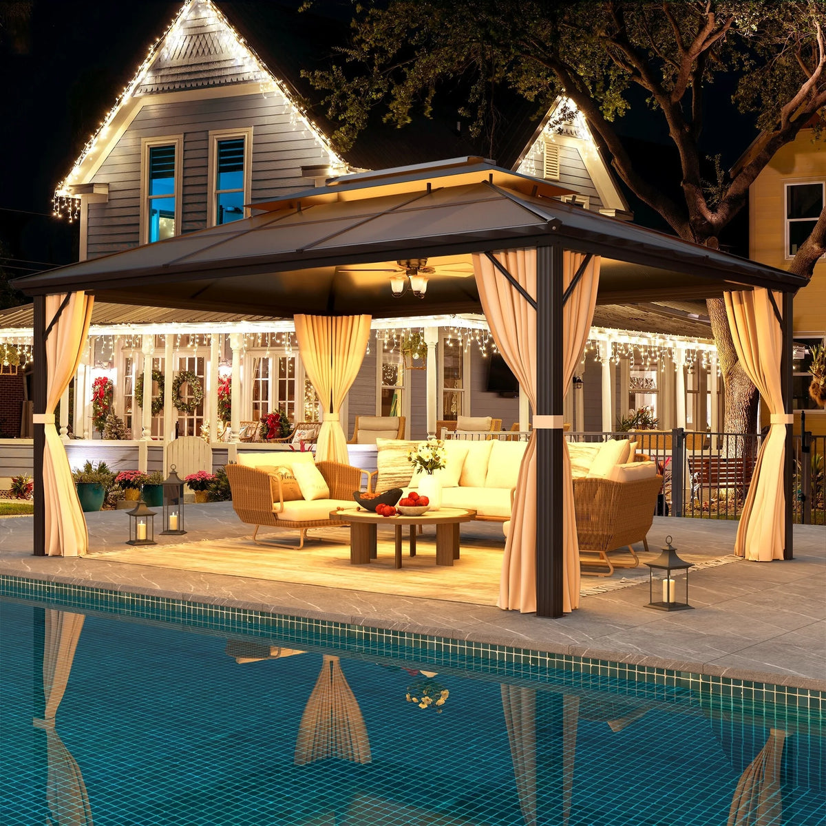 Erommy 10' x 13' Double Roof Hardtop Gazebo, Aluminum Frame Polycarbonate Roof
