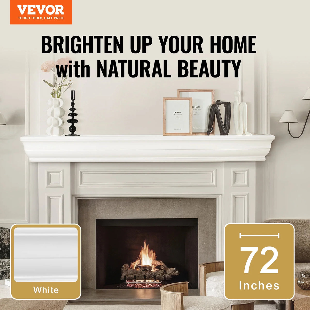 VEVOR Fireplace Mantel, 72" x 8" x 5", 50 lbs Weight Capacity, Natural Wood Mantel for Over Fireplace, Wall Mounted Floating