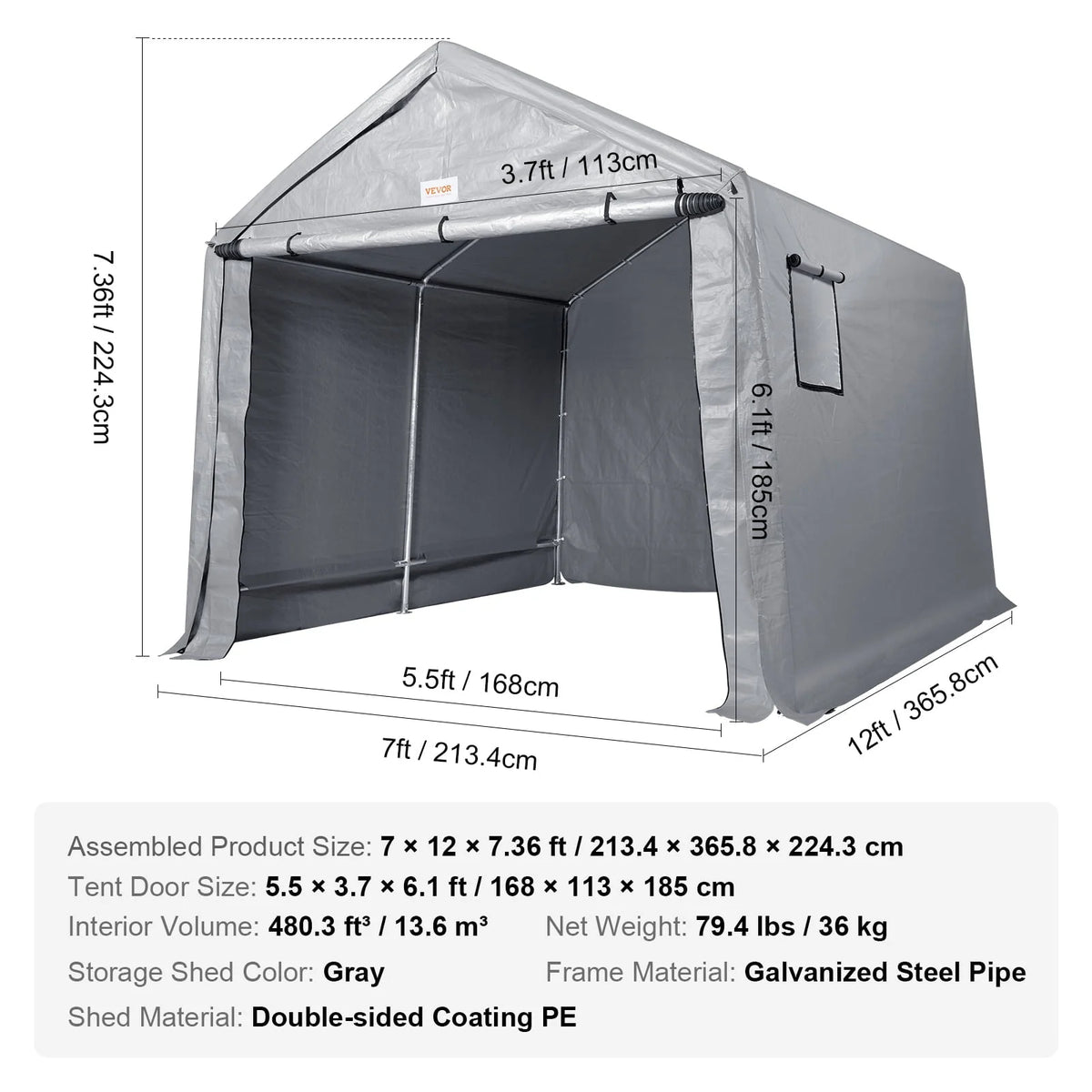 BENTISM Portable Shed Outdoor Storage Shelter, 7 x 12 x 7.36 ft Heavy Duty Instant Storage Tent Tarp Sheds with Roll-up Zippe