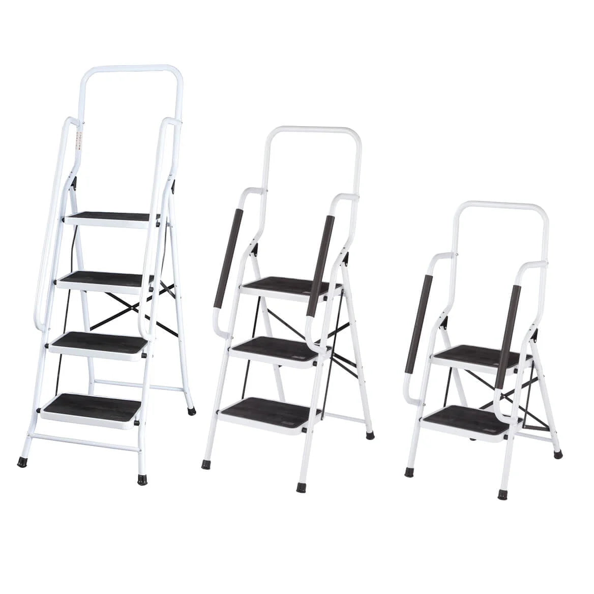 LivingSURE Folding 4-Step Safety Ladder - Heavy Duty Steel, Anti-Slip Treads, Padded Handrails - Space Saving Design - Perfec