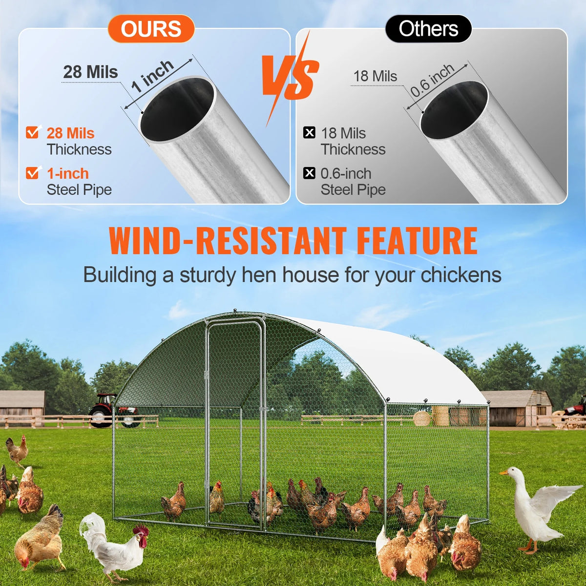 KFFKFF Metal Chicken Coop 9.8 x 6.5 x 6.5 ft Dome Roof Poultry Cage Chicken Run with Waterproof Cover Large Outdoor Walk in C