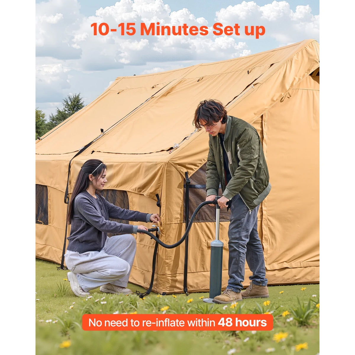 KFFKFF Inflatable Tent for Camping, 13.12 x 9.84 x 7.22 Ft Glamping Blow up Tent for 5-8 People, Air-Filled Camping Shelters,