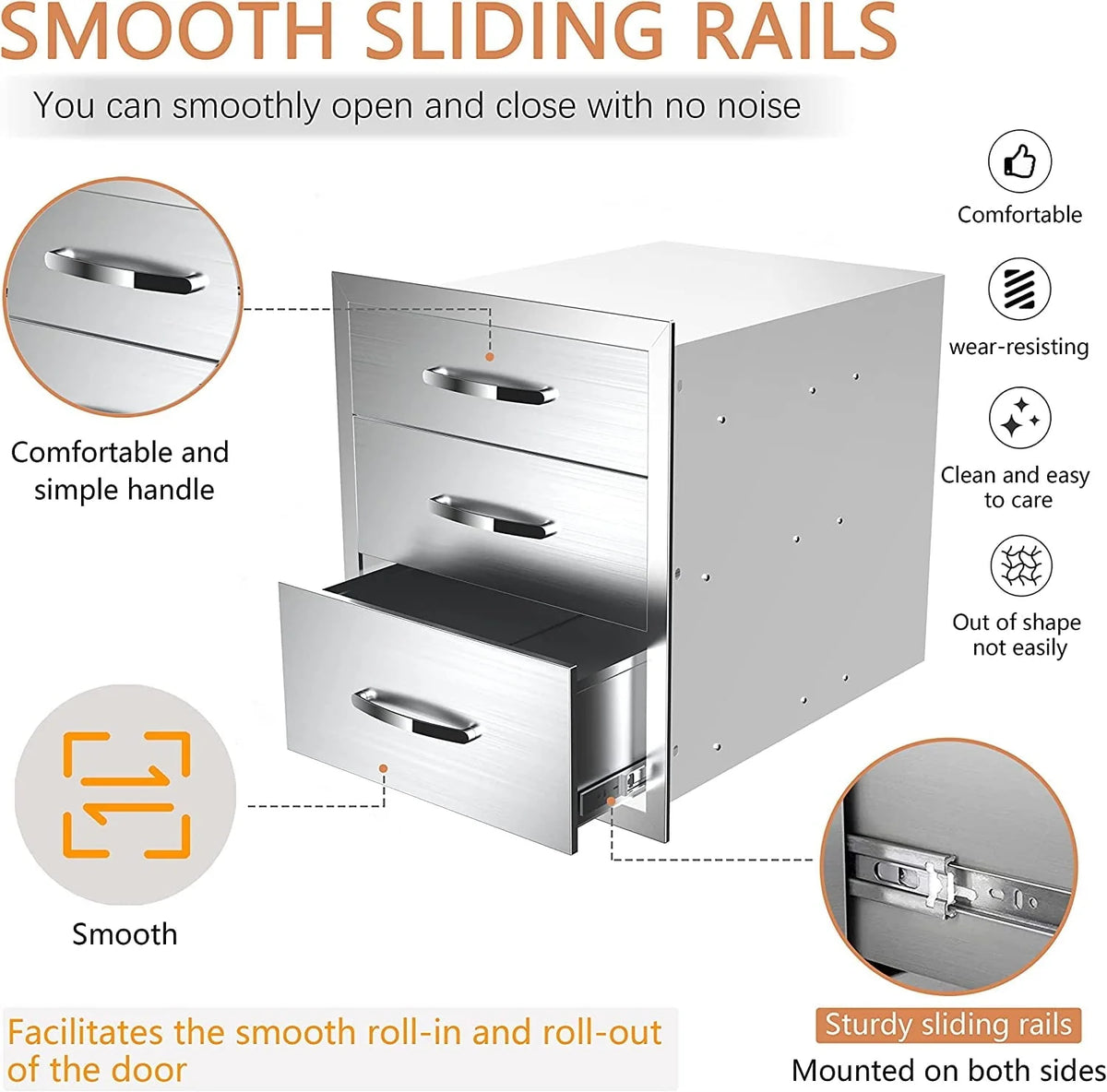 Outdoor Kitchen Drawers 14" W x 21" H x 23" D, Flush Mount Triple Access BBQ Drawers,BBQ Island Drawers for Outdoor Kitchens