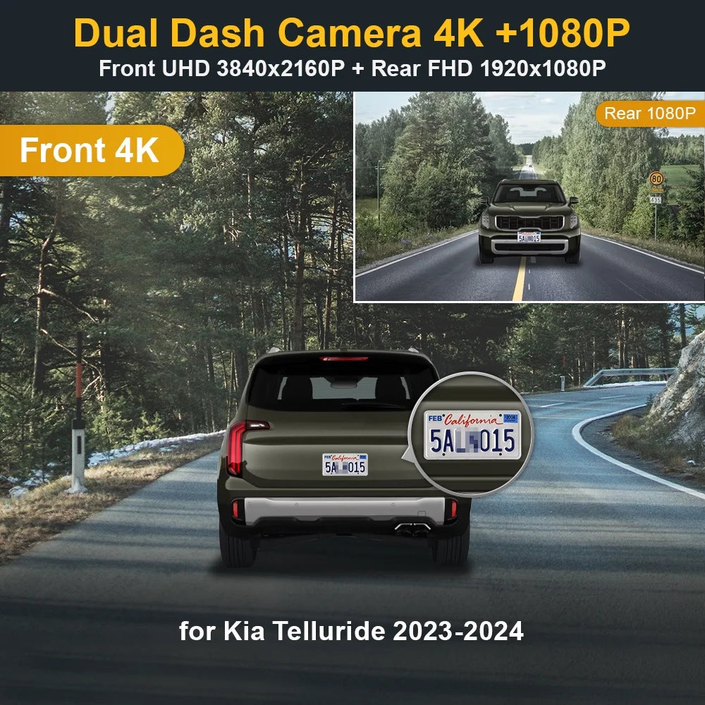Fitcamx 4K Dual Dash Cam Suitable for Kia Telluride 2023 2024 S LX EX SX X-pro X-Line (Part NO#S9500), OEM Look, Built-in WiF