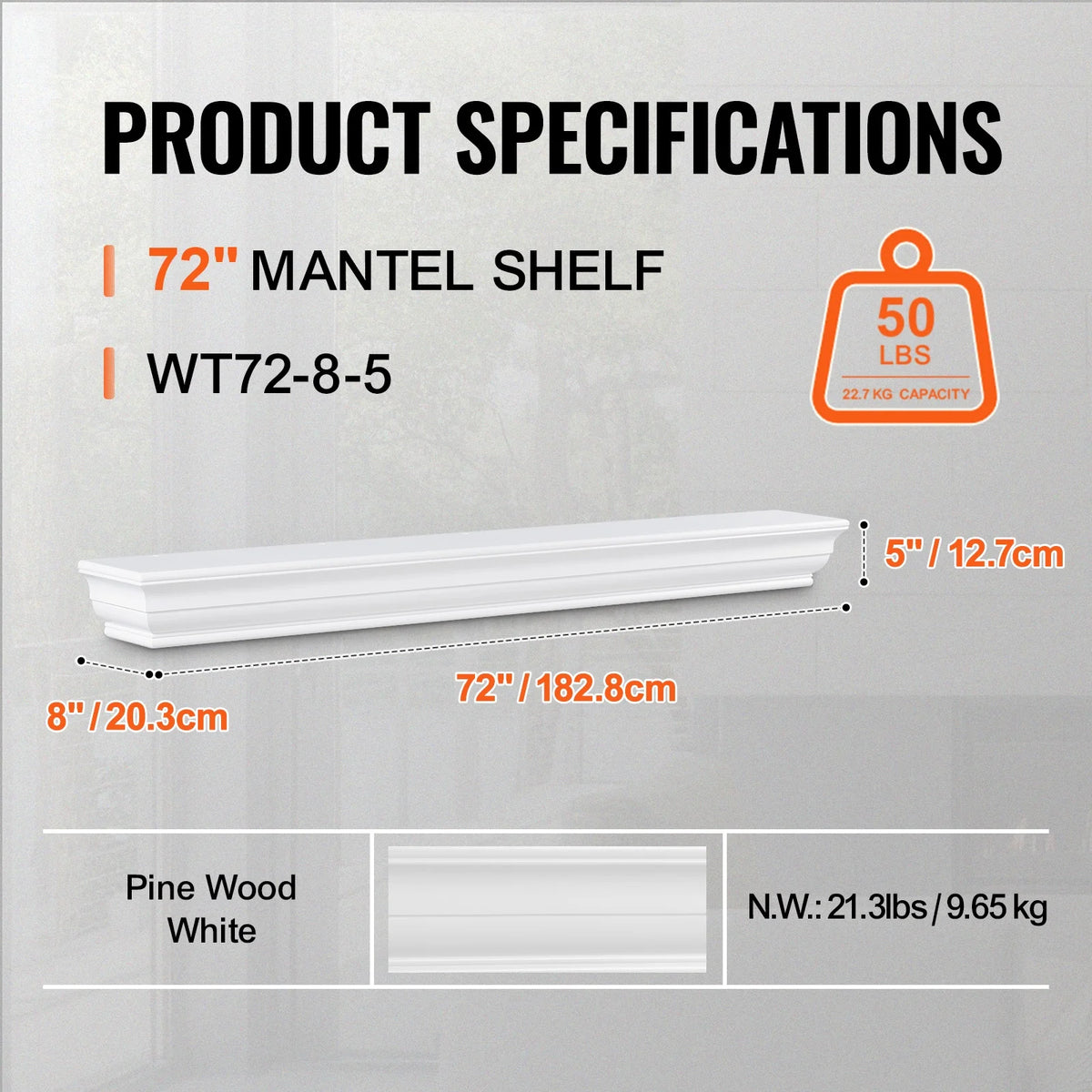 VEVOR Fireplace Mantel, 72" x 8" x 5", 50 lbs Weight Capacity, Natural Wood Mantel for Over Fireplace, Wall Mounted Floating