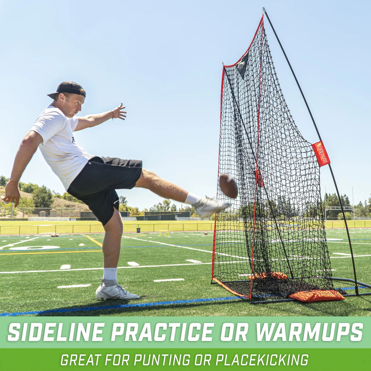 GoSports Football 7' x 4' Kicking Net - Ultra-Portable Design with Weighted Sand Bag