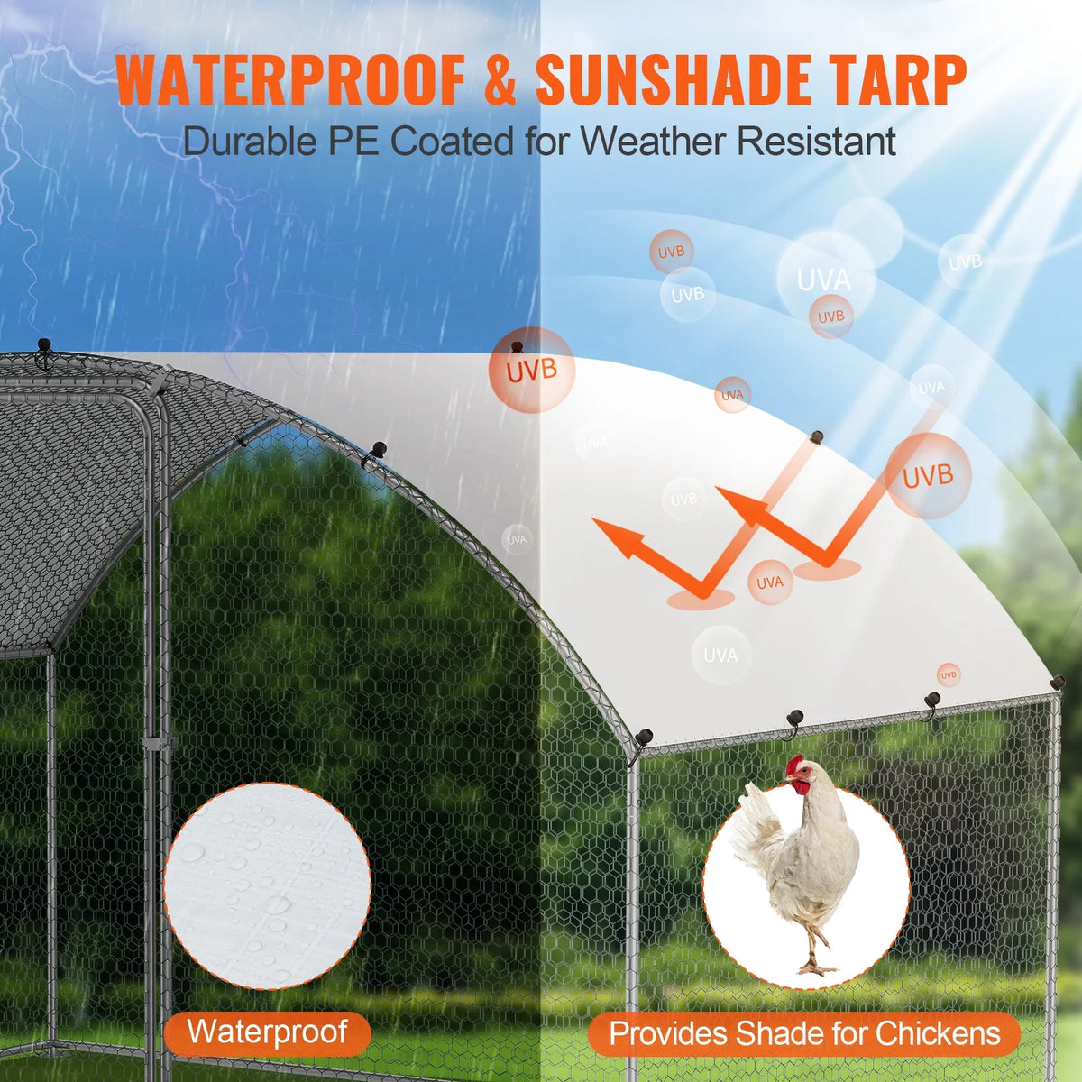 KFFKFF Metal Chicken Coop 9.8 x 6.5 x 6.5 ft Dome Roof Poultry Cage Chicken Run with Waterproof Cover Large Outdoor Walk in C