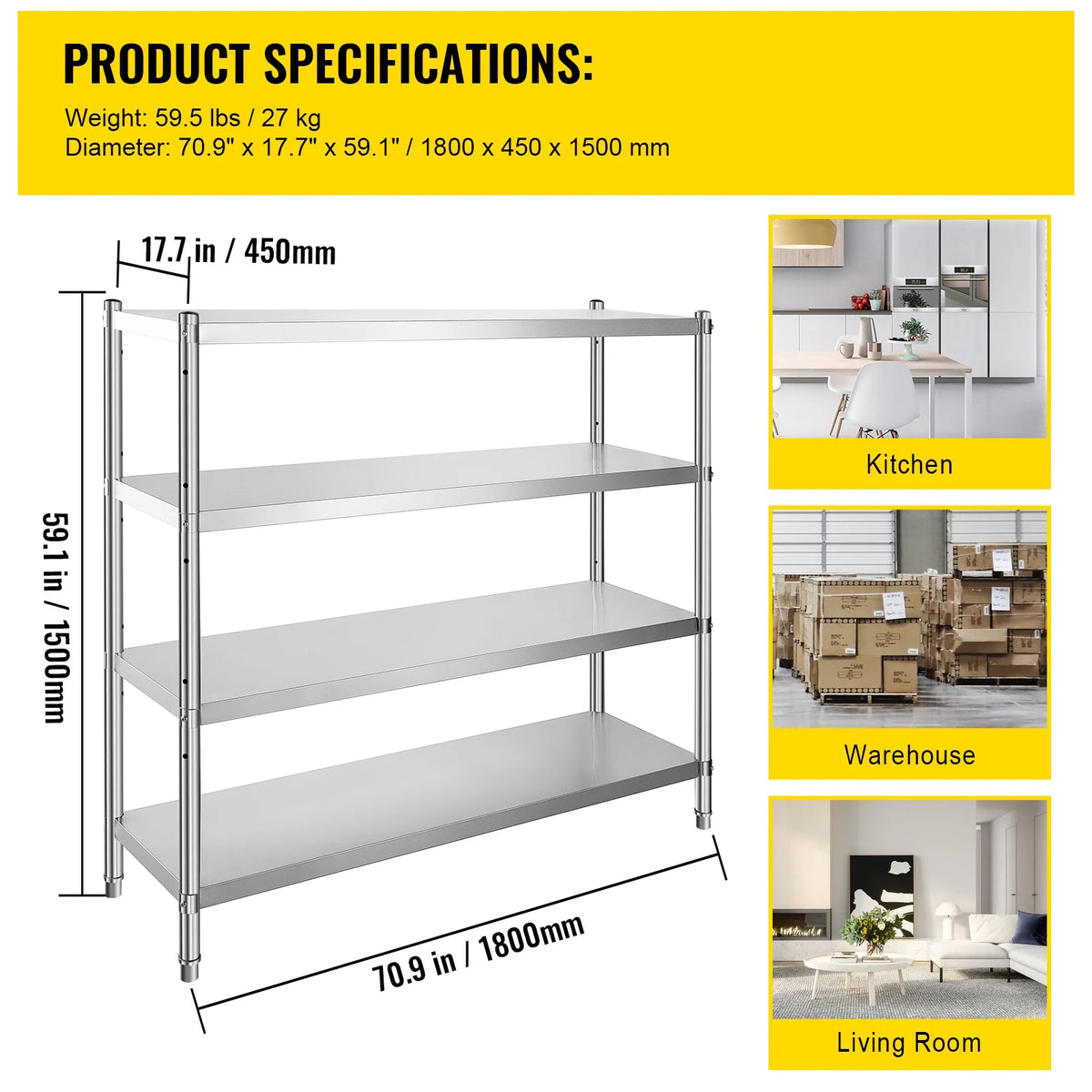 KFFKFF Storage Rack, Quad-Level Metal Shelves, Organizational Shelf Unit, Dimensions 70.9 x 17.7 x 59.1 Inches, Robust Storag