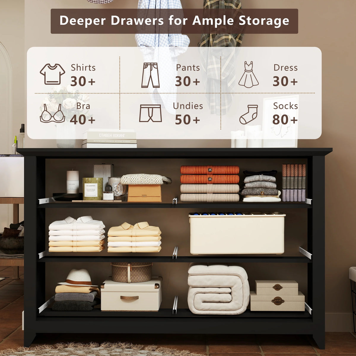 TrumanPick Black Dresser for Bedroom 6 Drawer Double Dresser Wood Wide Chest of Drawers for Living Room Hallway 47"L x 17"W x