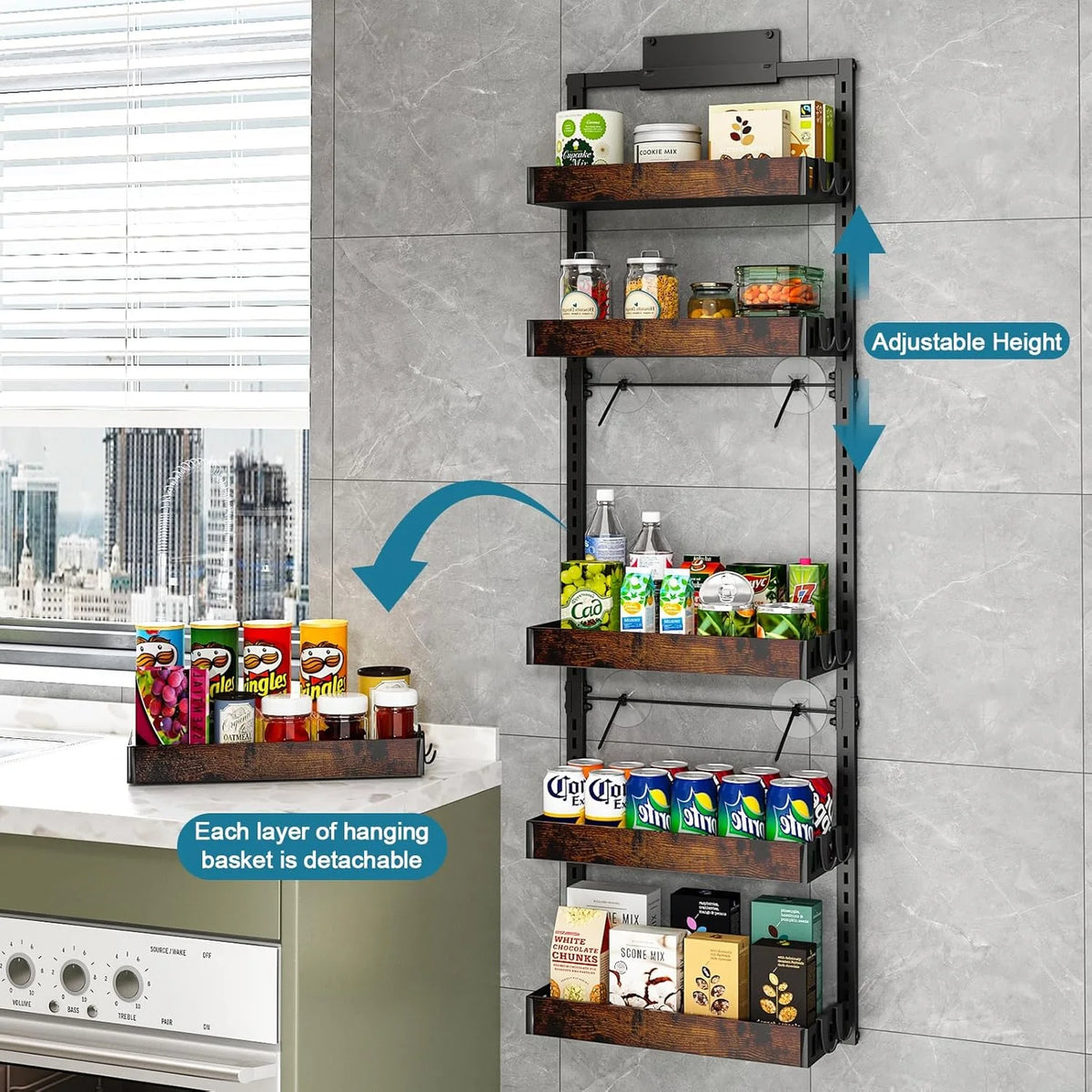 Over the Door Pantry Organizer, 6-Tier Adjustable Wooden Basket Kitchen Pantry Door Organization and Storage, Heavy-Duty Meta