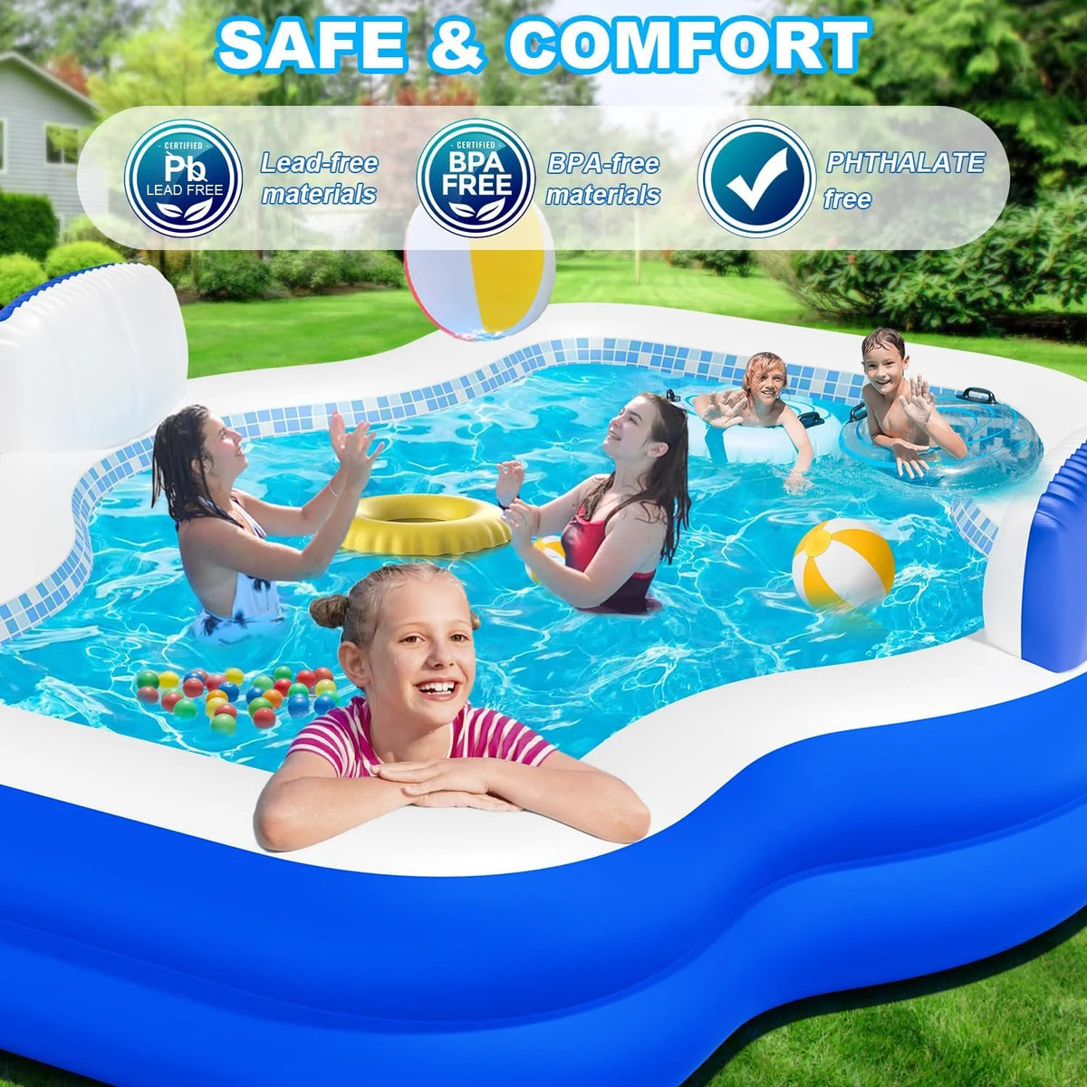 Large Inflatable Swimming Pool for Kids Adults, 121" X 90" X 22" Oversized Thickened Kiddie Pools Family Blow-Up Pool with Pu