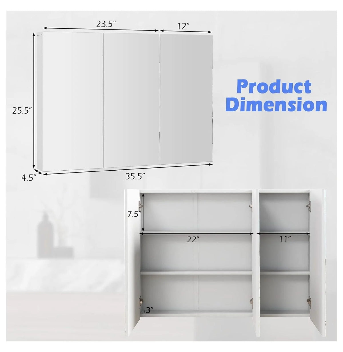 Mirrored Medicine Cabinet, Large Wide Wall Mounted Storage Cabinet with 3 Mirror Doors & Adjustable Shelf, Hanging Bathroom O