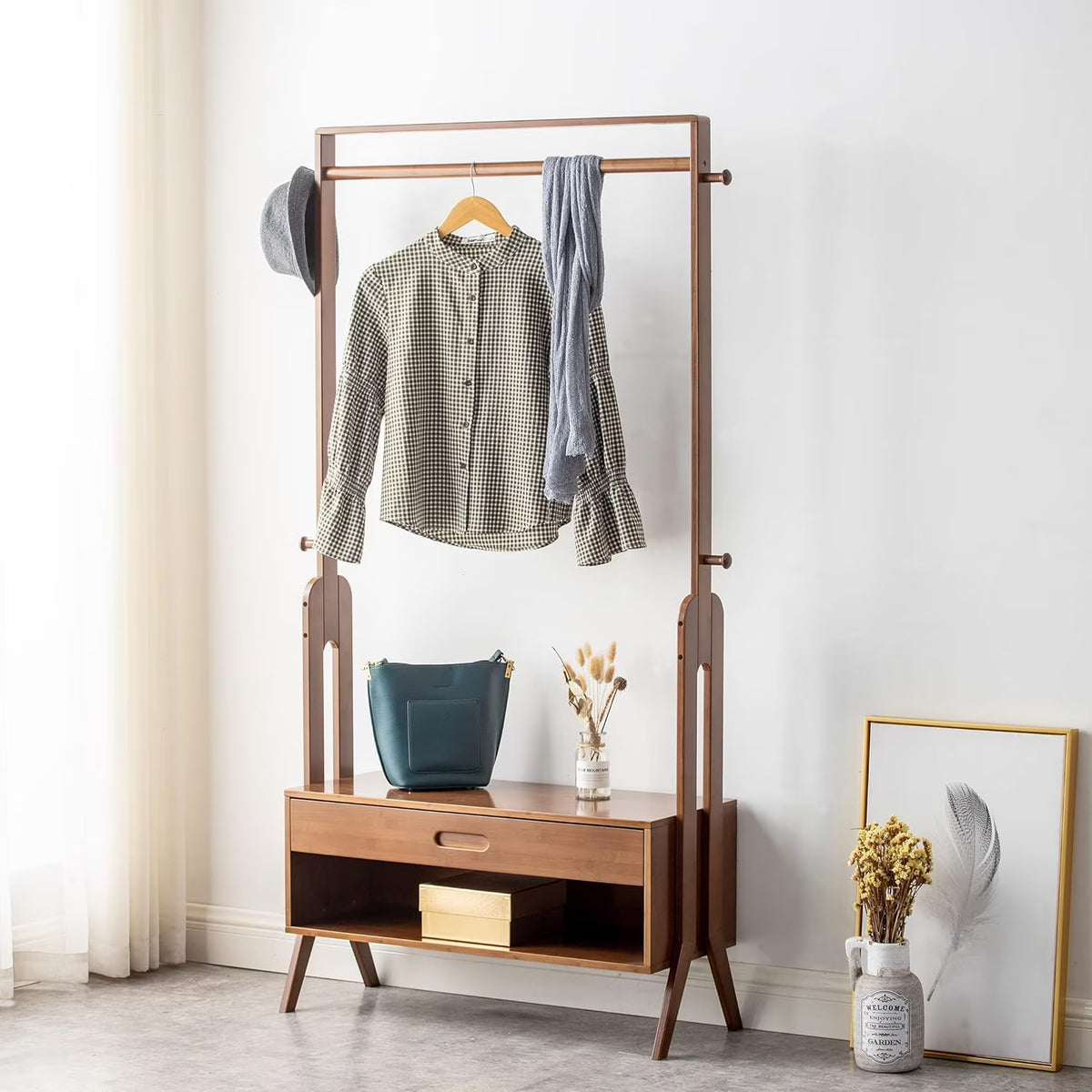 WILK Freestanding Wooden Coat Rack, Bamboo Wood Coat Rack with Seat, Storage Drawer and Hooks, Tree Freestanding for Hanging
