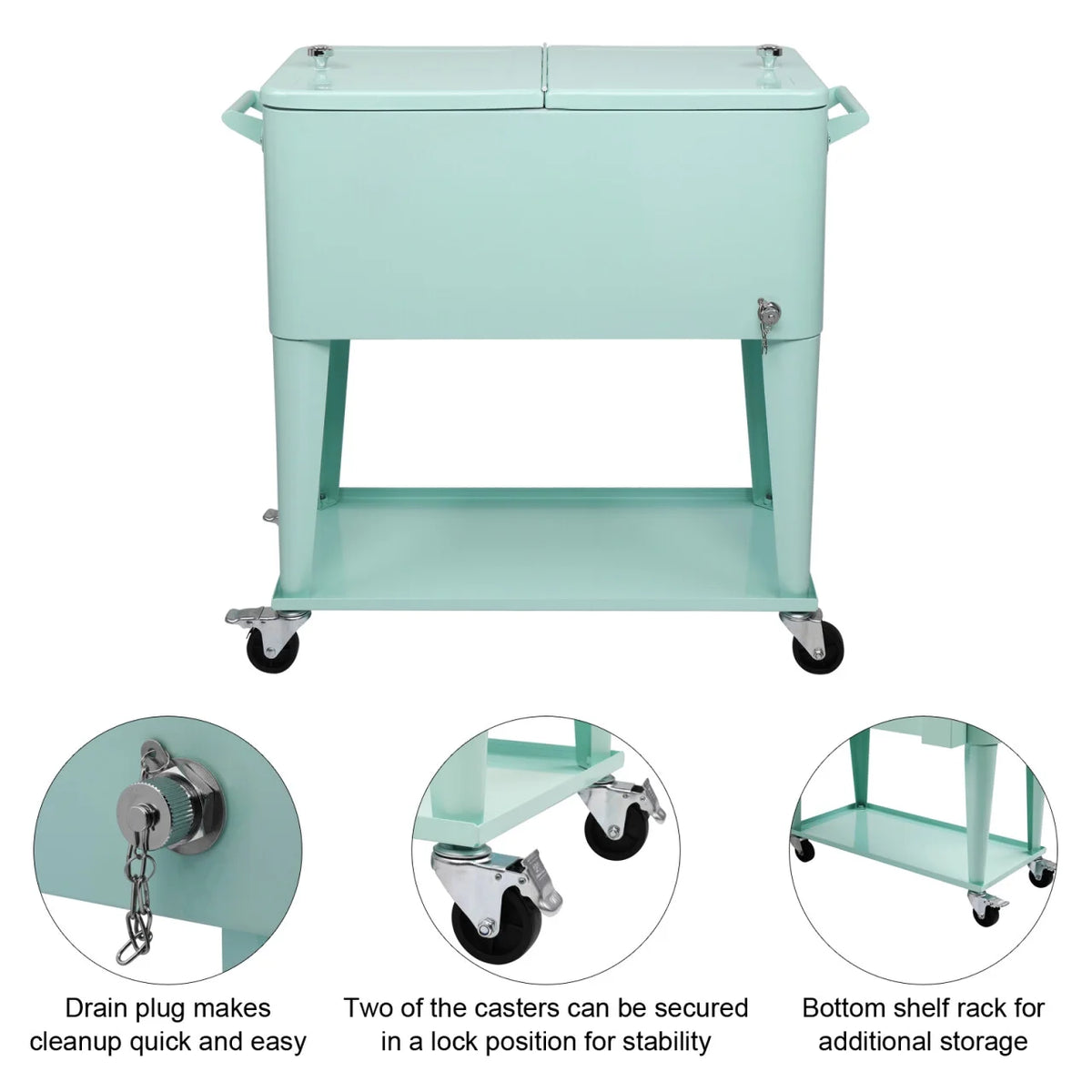 80Qt All-In-One Cooler Cart With Bottle Opener, Lower Storage Shelf and Cap Catcher, Outdoor Party Rolling Cooler With Lockab