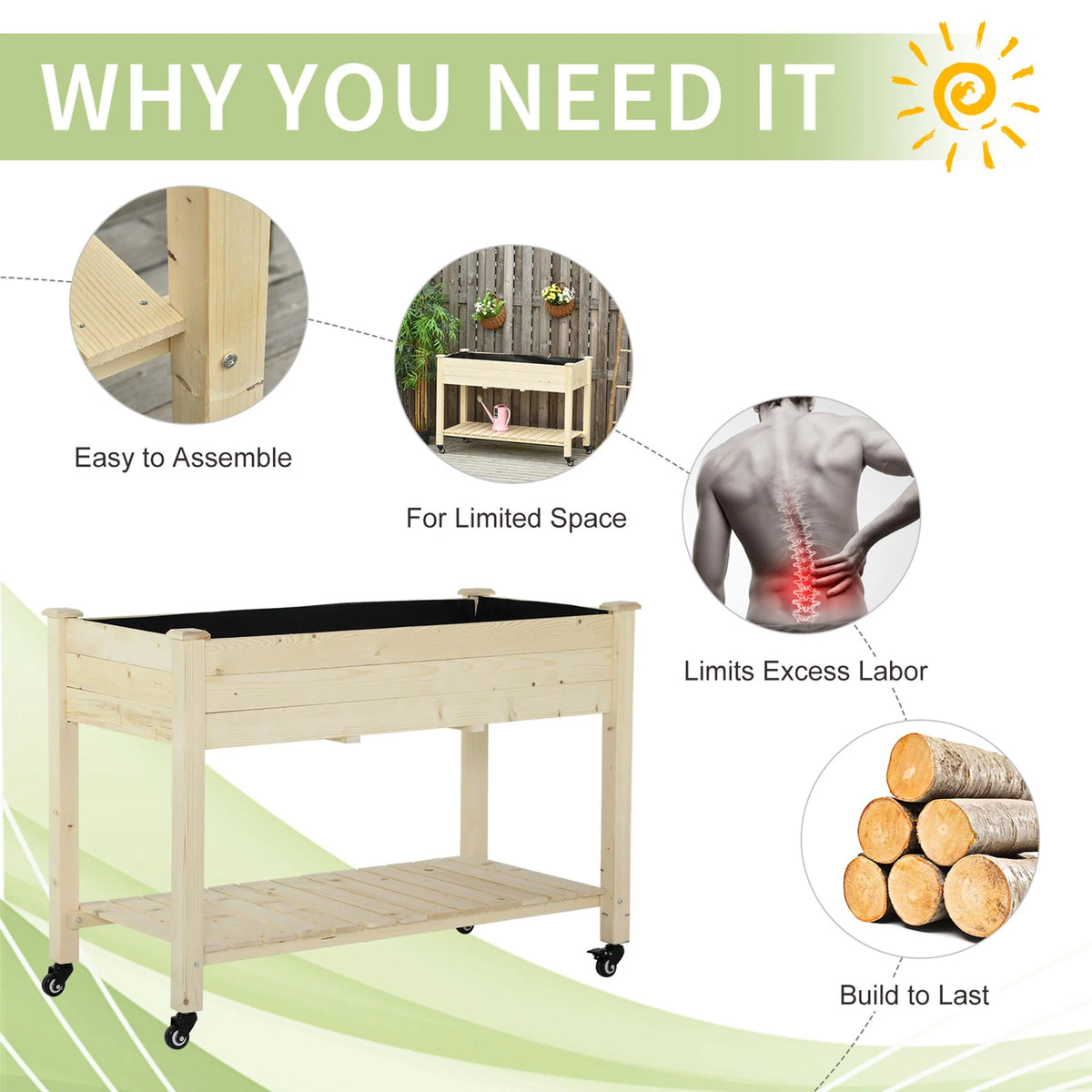 DUOSONG Outsunny Raised Garden Bed, 47" X 22" X 33", Elevated Wooden Planter Box W/ Lockable Wheels, Storage Shelf, And Bed L