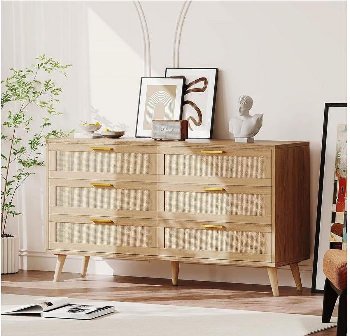Huloretions 6 Drawer Dresser,Rattan Chest of Dressers,Mid Century Modern Dresser For Closet With Handles,Large Table Top Dres