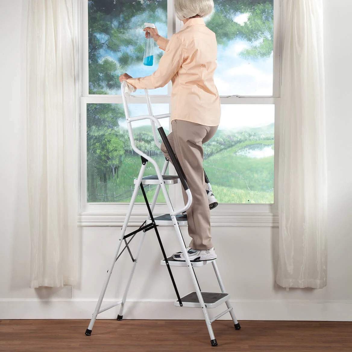 LivingSURE Folding 4-Step Safety Ladder - Heavy Duty Steel, Anti-Slip Treads, Padded Handrails - Space Saving Design - Perfec
