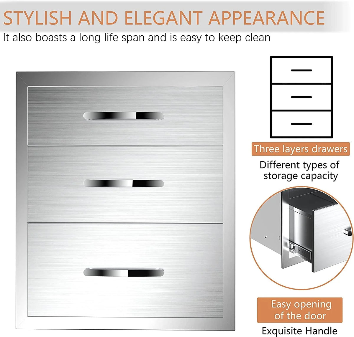 Outdoor Kitchen Drawers 14" W x 21" H x 23" D, Flush Mount Triple Access BBQ Drawers,BBQ Island Drawers for Outdoor Kitchens