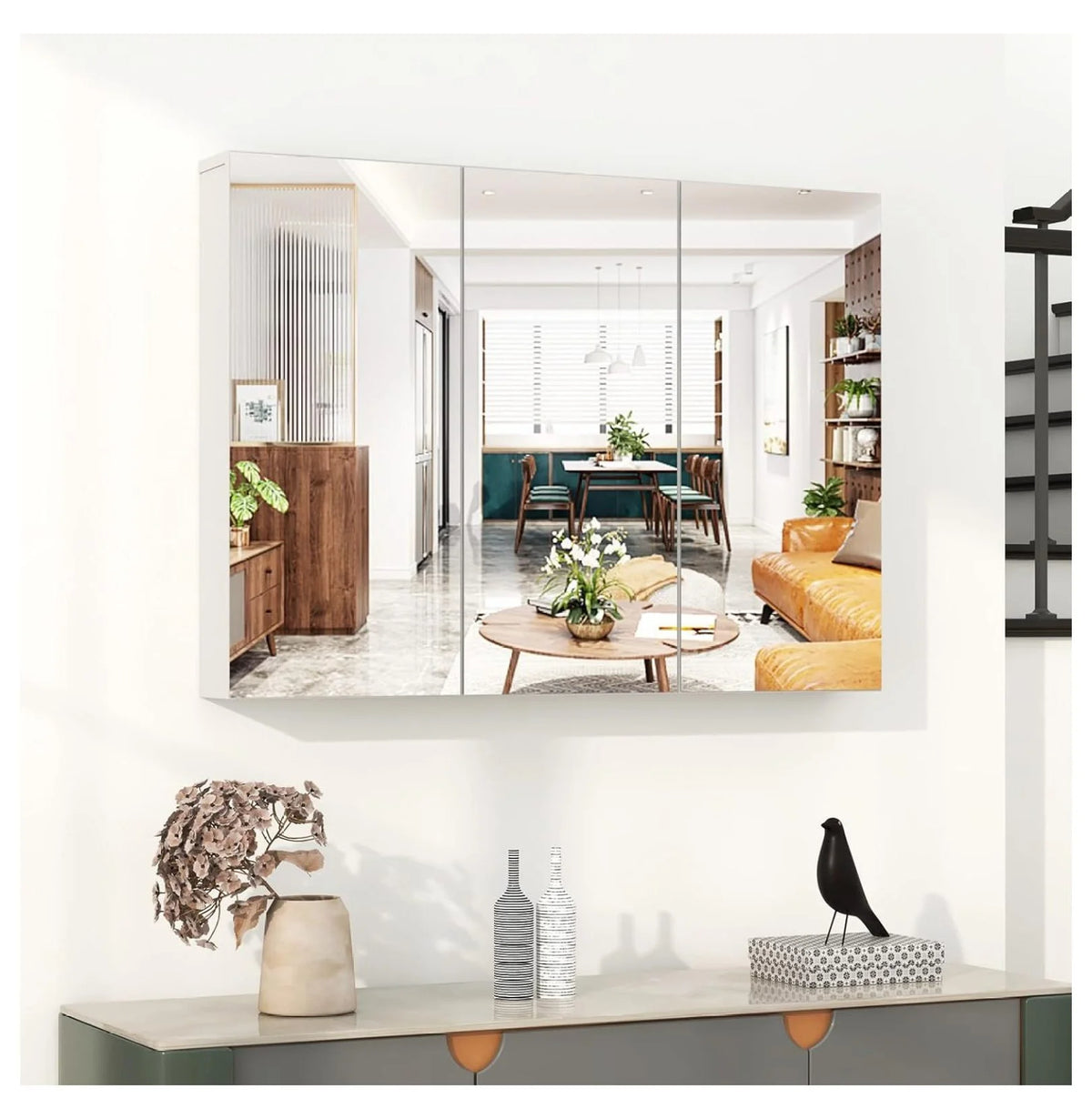 Mirrored Medicine Cabinet, Large Wide Wall Mounted Storage Cabinet with 3 Mirror Doors & Adjustable Shelf, Hanging Bathroom O