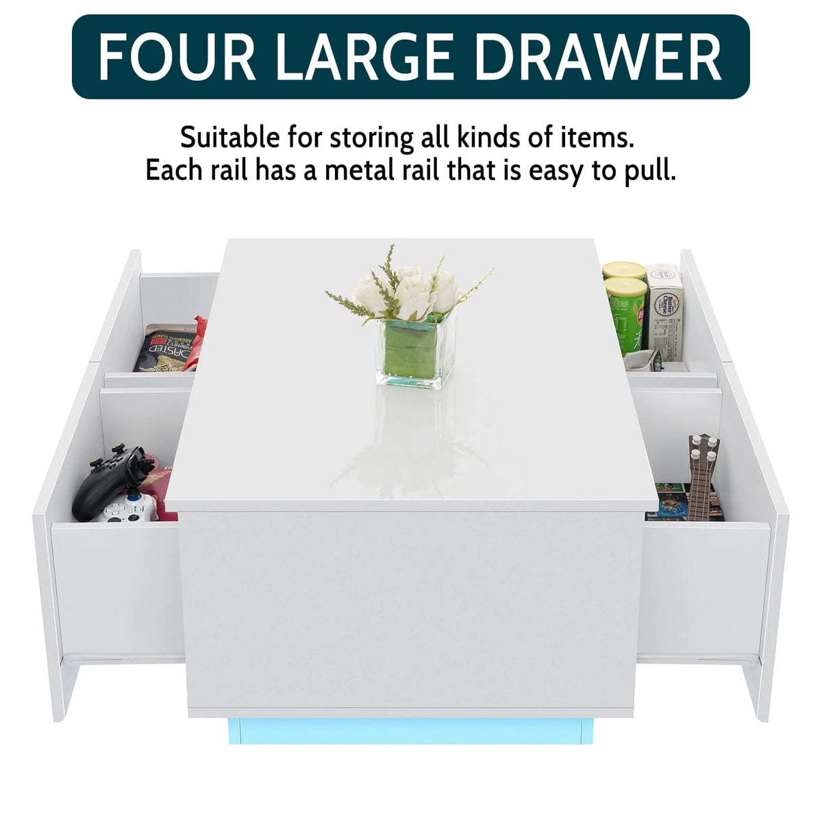 Hommpa Rectangular Coffee Table with LED Lights Tea Tables with 4 Drawers High Gloss Modern Living Room Furniture White Finis