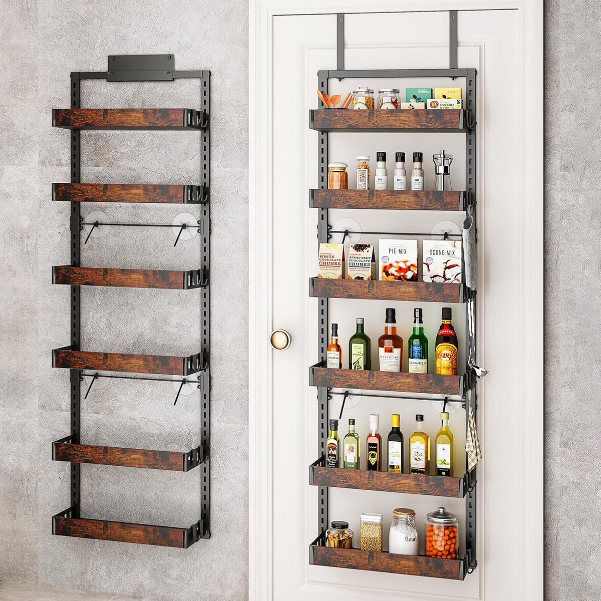 Over the Door Pantry Organizer, 6-Tier Adjustable Wooden Basket Kitchen Pantry Door Organization and Storage, Heavy-Duty Meta