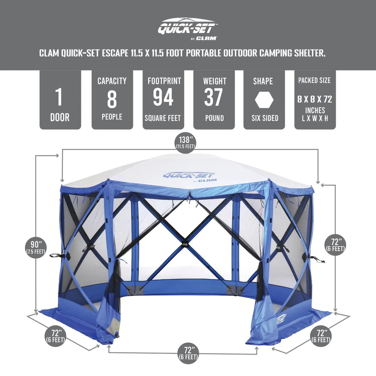 CLAM Quick-Set Escape Sport 11.5 x 11.5 Foot Tailgating Canopy Tent, Blue