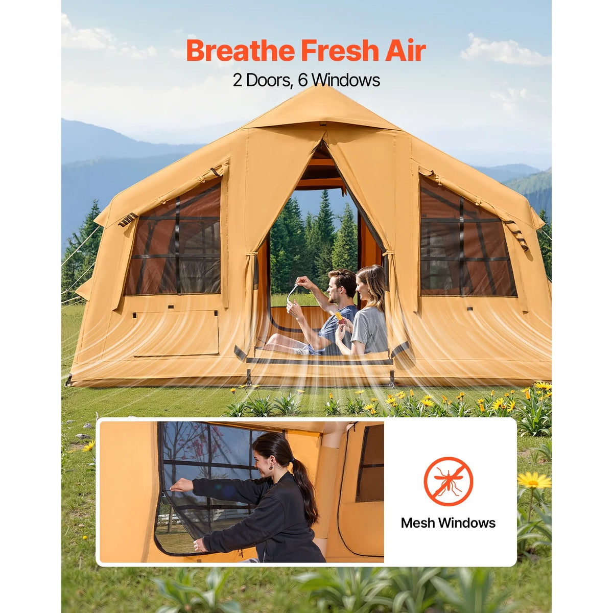 KFFKFF Inflatable Camping Tent for 8-12 Person, 15.75 x 11.81 x 7.22 Ft Glamping Blow up Tent with Hand Pump, Waterproof Air