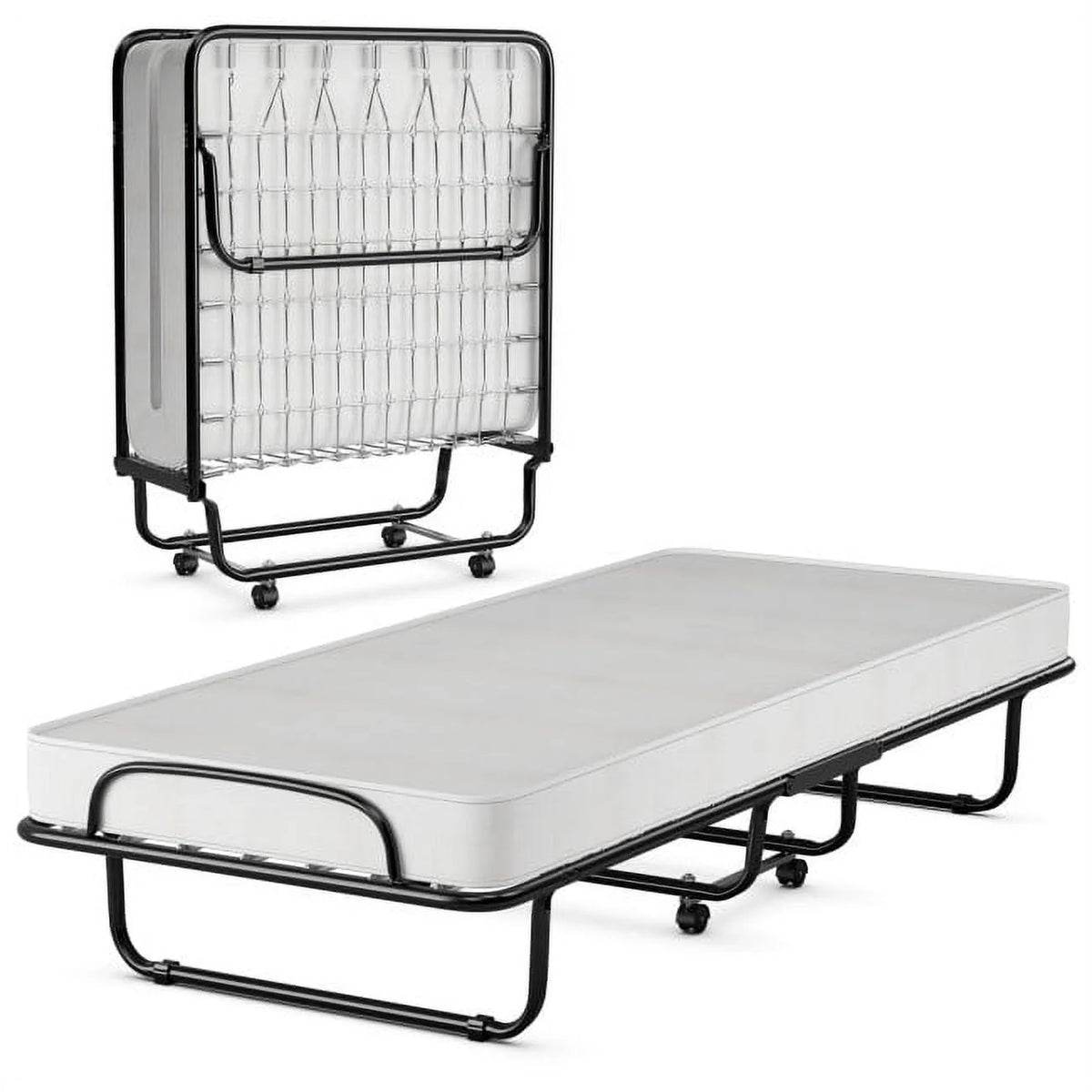 75" x 31" x 13" Folding Bed with Mattress, Rollaway Bed Metal Frame on Wheels, Portable Foldable Guest Bed for Adults, Cot Si