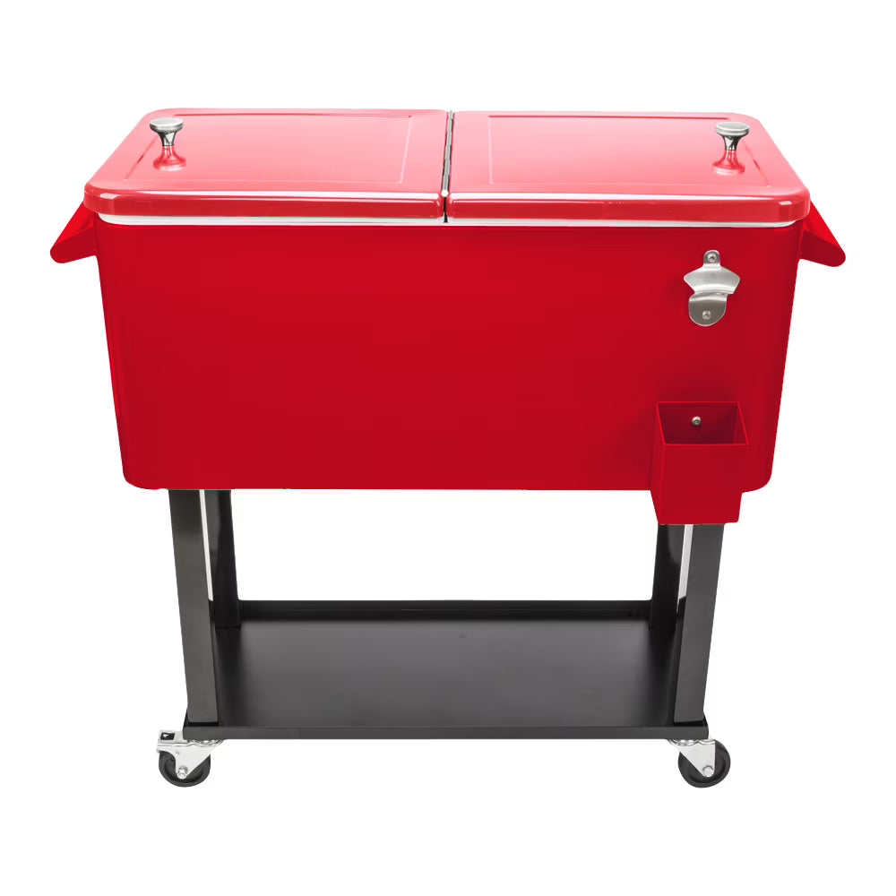 80Qt All-In-One Cooler Cart With Bottle Opener, Lower Storage Shelf and Cap Catcher, Outdoor Party Rolling Cooler With Lockab