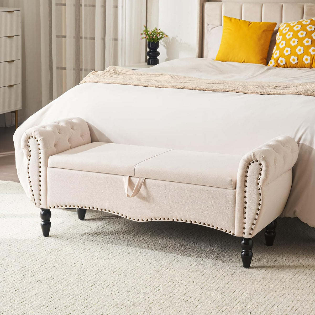 Furniliving Modern Storage Ottoman Bench, Sherpa Ottoman End of Bed Bench with Solid Wood Legs Upholstered Ottoman Benches with Storage Indoor Bench for Living Room with Rolled Arm, Entryway, White