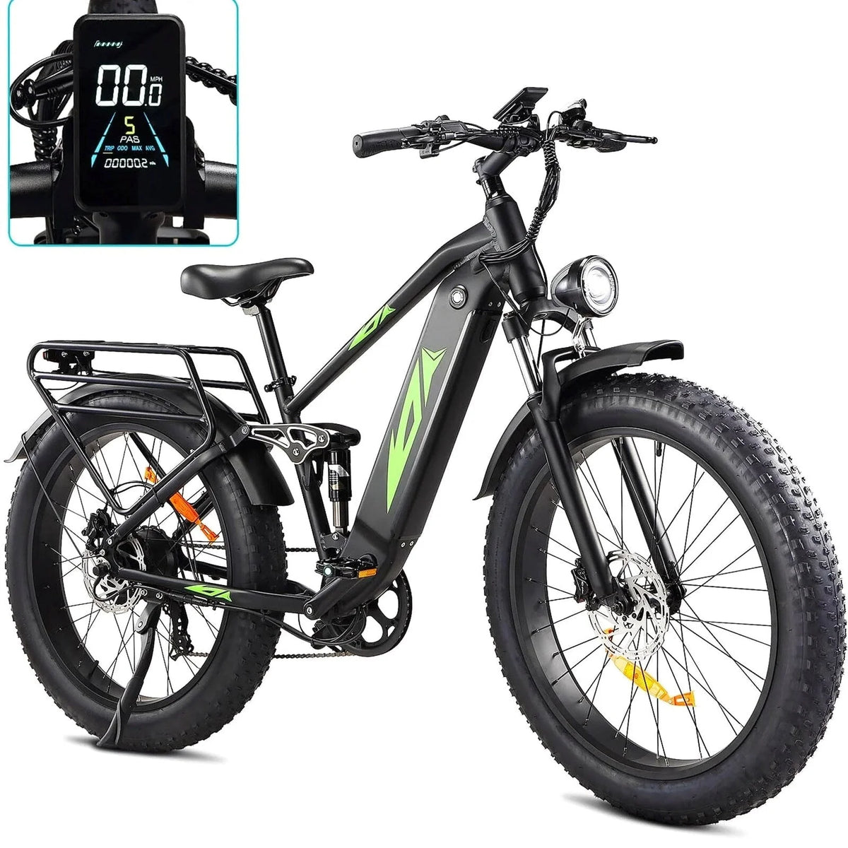 Adult Electric Bike 1000W 48V 17.5AH, 26 Fat Tire, Full Suspension, 7 Speed, 60 Miles Range - UL Certified