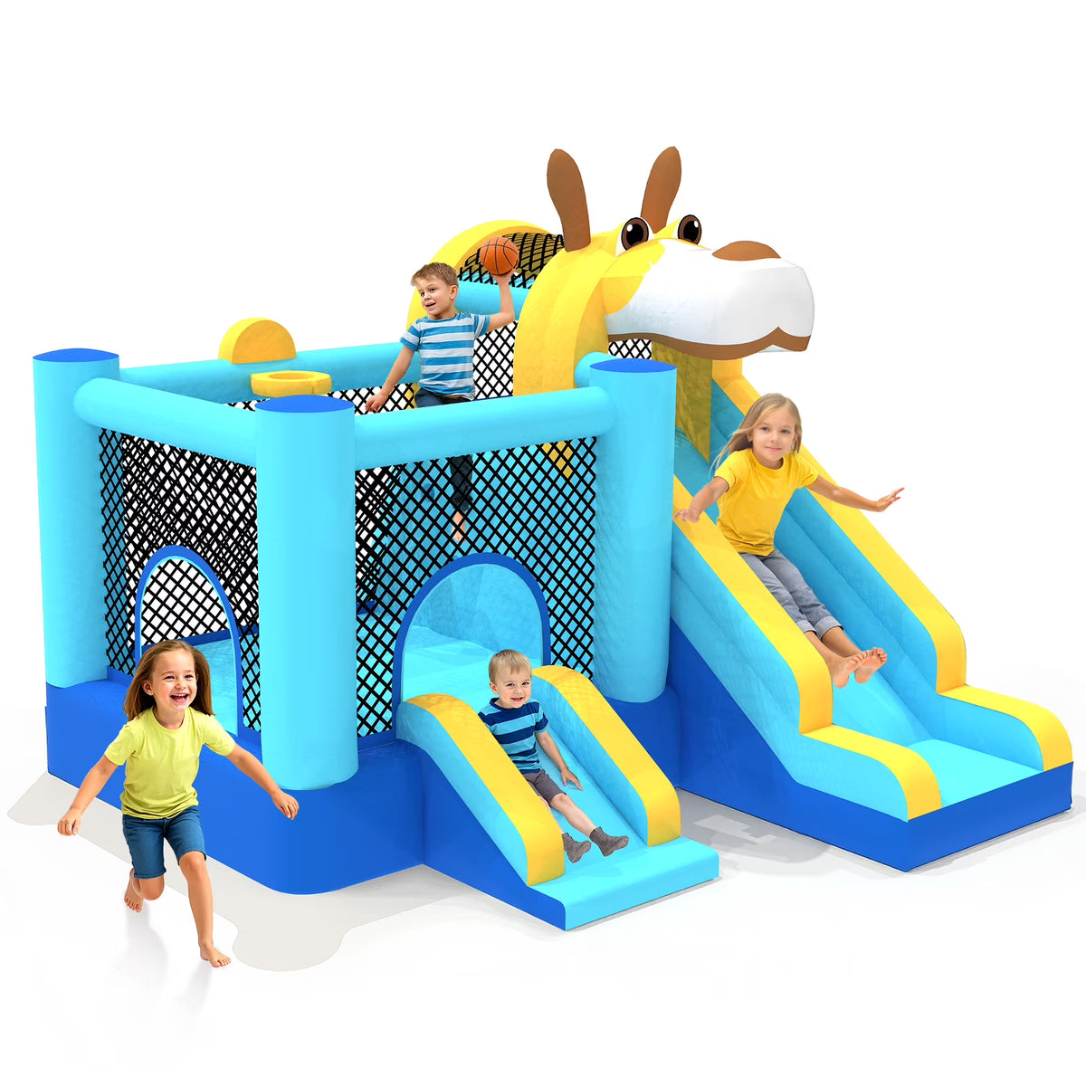 Mukidy 114''x 114'' x 92.5'' Inflatable Bounce Houses for Kids 3-10 with Blower Double Slide and Ball Pit/Indoor Bouncy House