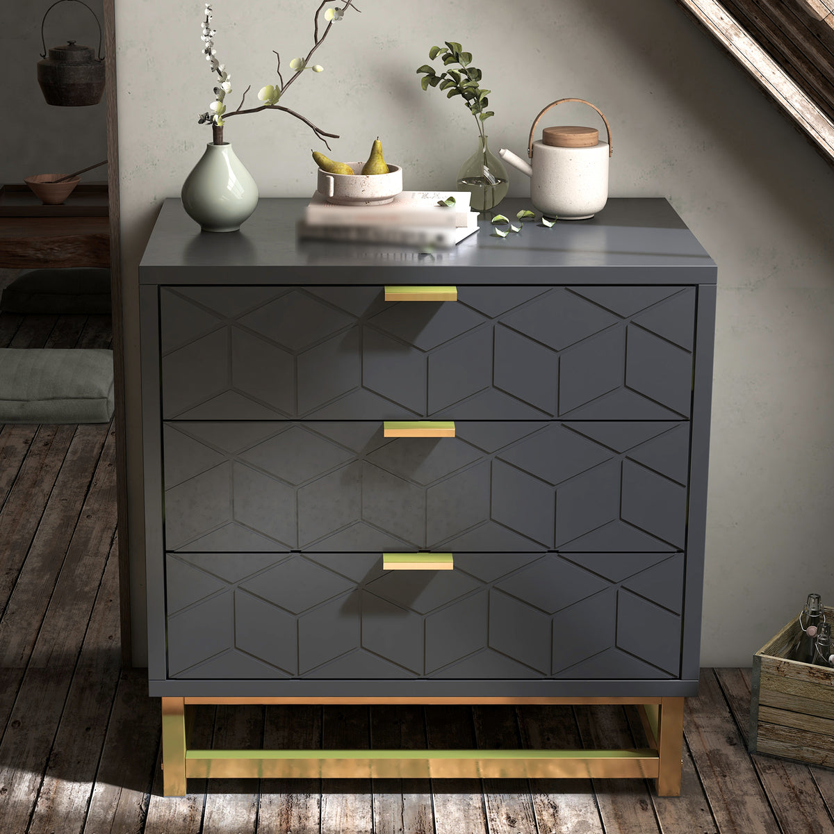3 Drawer Dresser for Bedroom, Modern Chest of Drawers with 3 Drawers, Tall Nightstand with Metal Base and Metal Handles, Stor