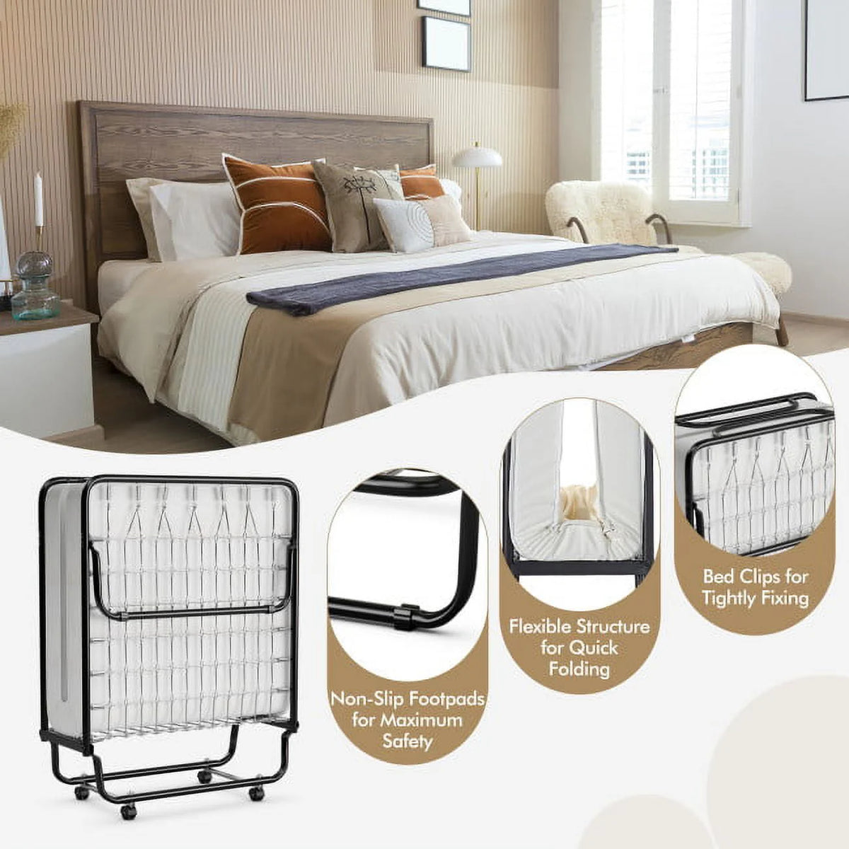 75" x 31" x 13" Folding Bed with Mattress, Rollaway Bed Metal Frame on Wheels, Portable Foldable Guest Bed for Adults, Cot Si