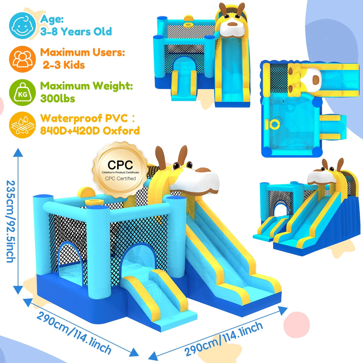 Mukidy 114''x 114'' x 92.5'' Inflatable Bounce Houses for Kids 3-10 with Blower Double Slide and Ball Pit/Indoor Bouncy House