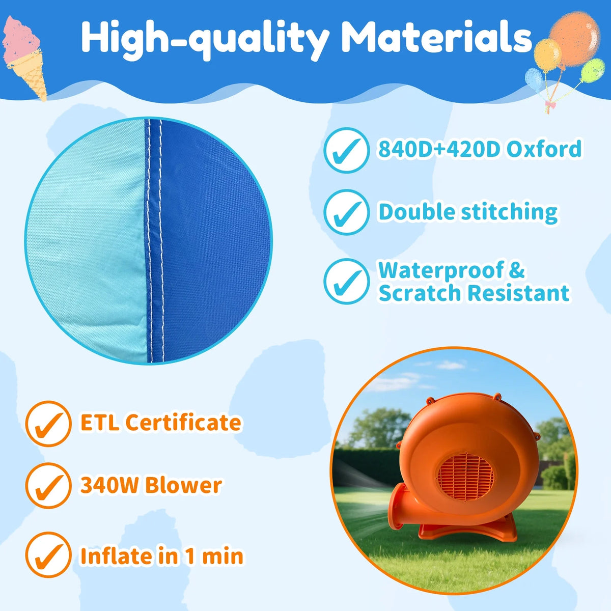 Mukidy 114''x 114'' x 92.5'' Inflatable Bounce Houses for Kids 3-10 with Blower Double Slide and Ball Pit/Indoor Bouncy House