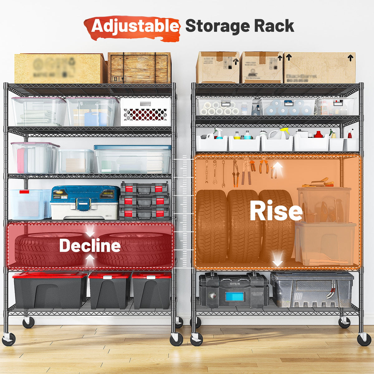 REIBII 6-Tier Wire Shelving Unit with Wheels, 82"H x 45"W x 18"D, 1200LBS Capacity,Adjustable Metal Storage Shelves for Garag