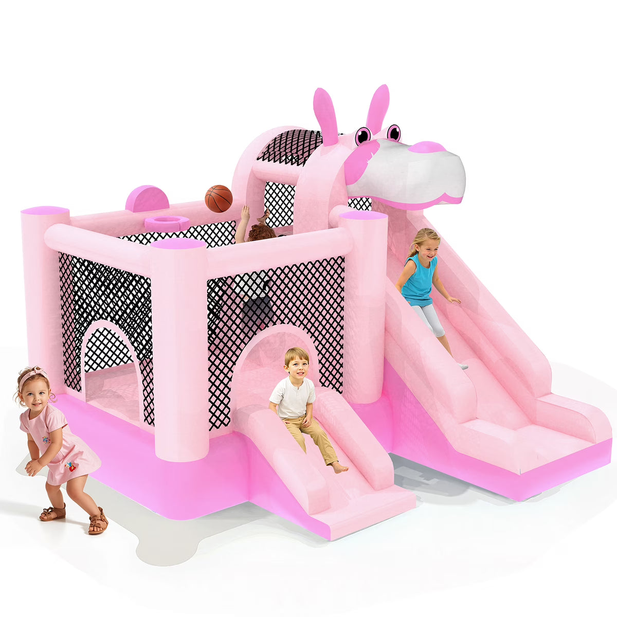 Mukidy 114''x 114'' x 92.5'' Inflatable Bounce Houses for Kids 3-10 with Blower Double Slide and Ball Pit/Indoor Bouncy House